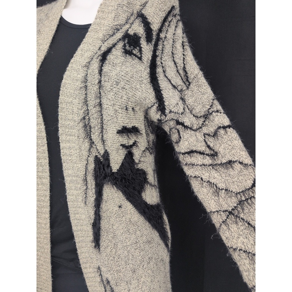 Fuzzy Knit Duster Cardigan Woman Face Graphic Artsy Avant Garde Statement S/M - Picture 9 of 9